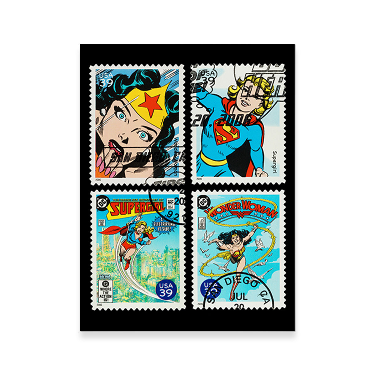 Stunning Wonder Woman and Supergirl Postage Stamps Wall Art for Comic Fans