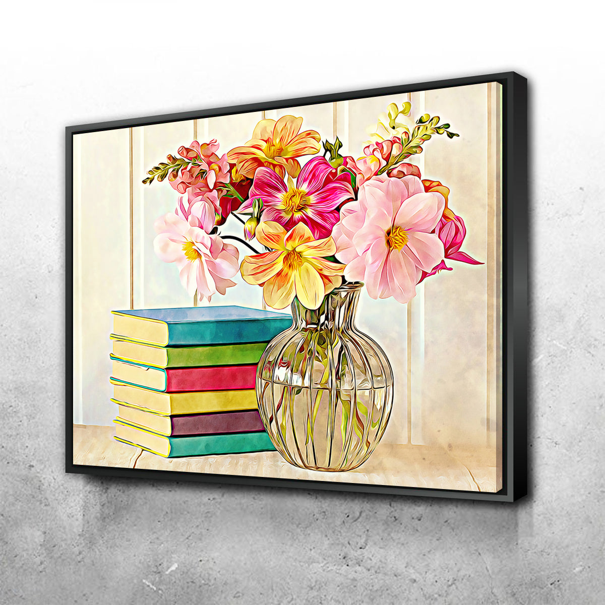 Vibrant Dahlias and Colorful Books Wall Art by Denise Dundon