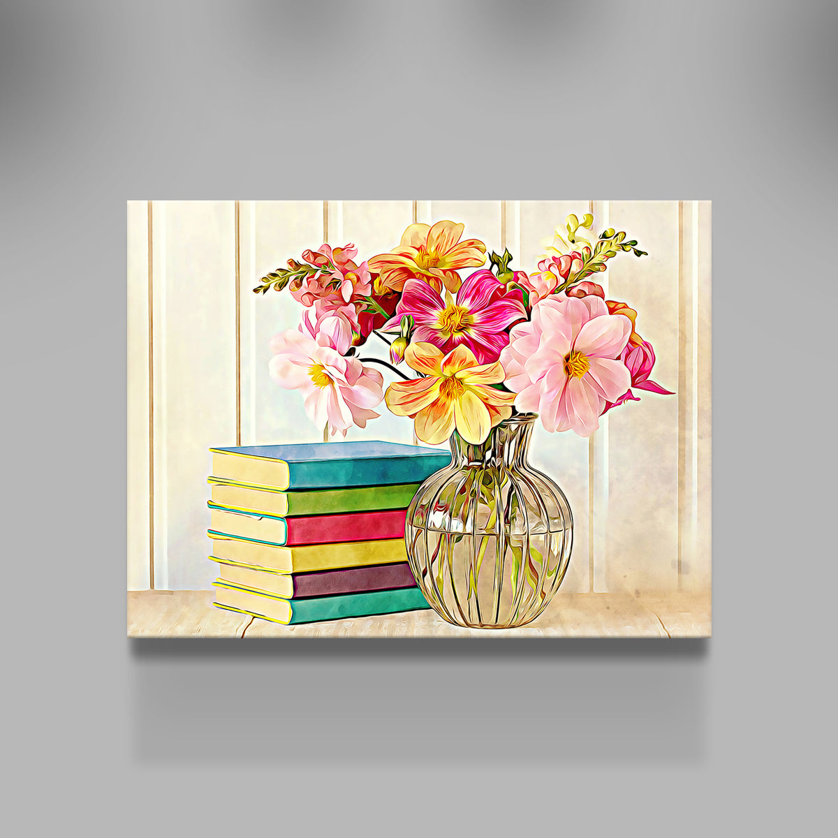 Vibrant Dahlias and Colorful Books Wall Art by Denise Dundon