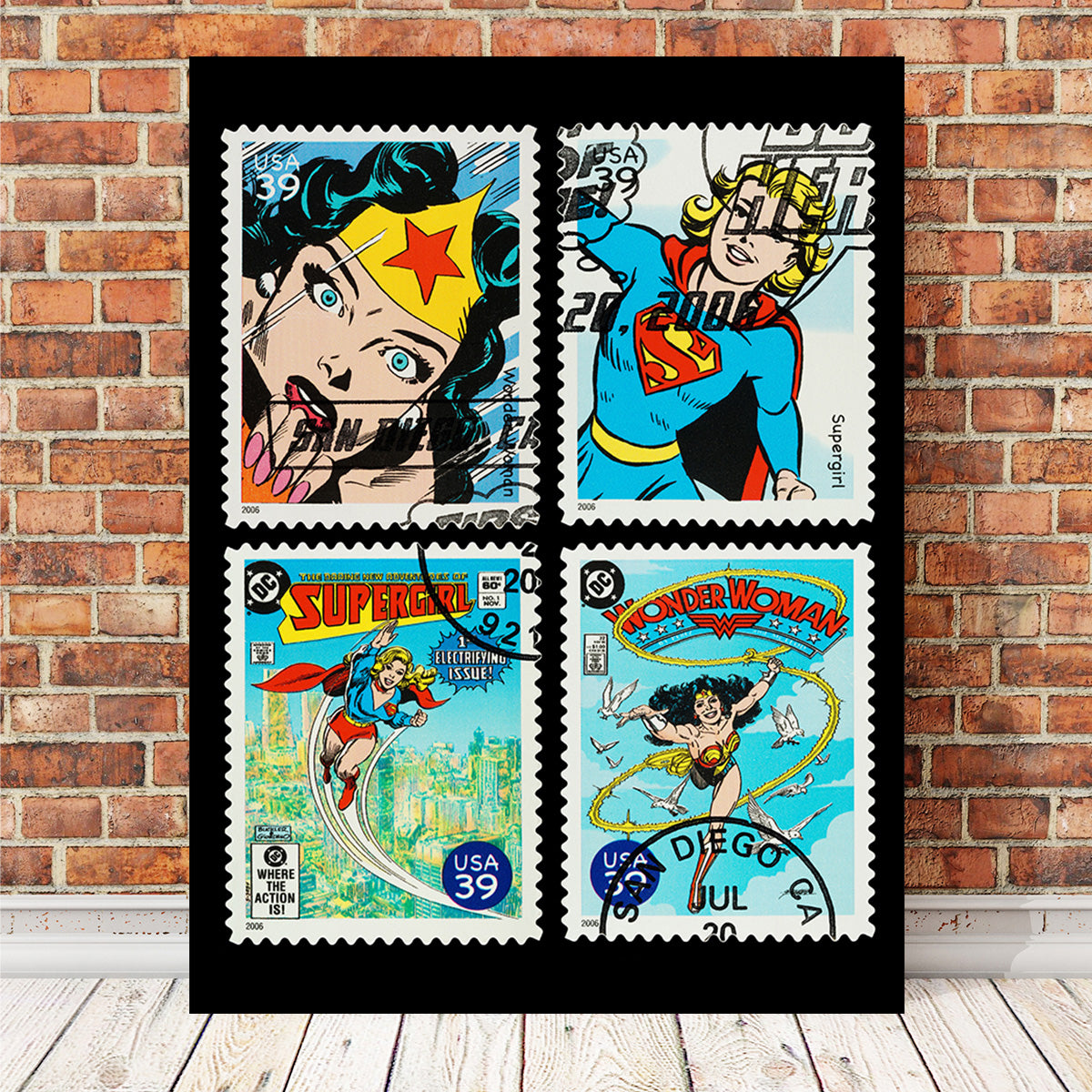 Stunning Wonder Woman and Supergirl Postage Stamps Wall Art for Comic Fans