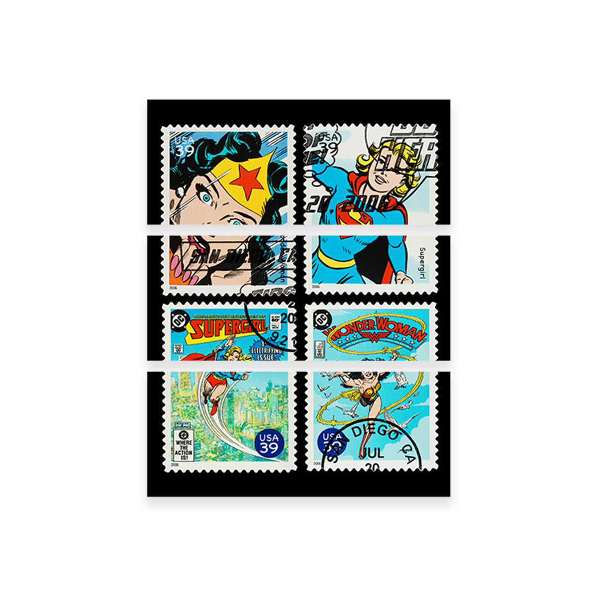 Stunning Wonder Woman and Supergirl Postage Stamps Wall Art for Comic Fans