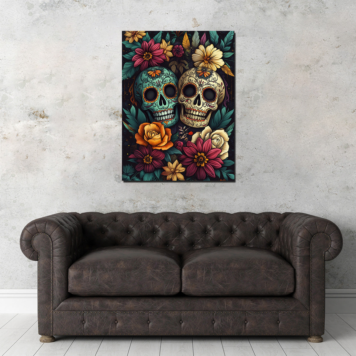 Eye - catching Sugar Skulls with Vibrant Flowers Wall Art for Home Decor