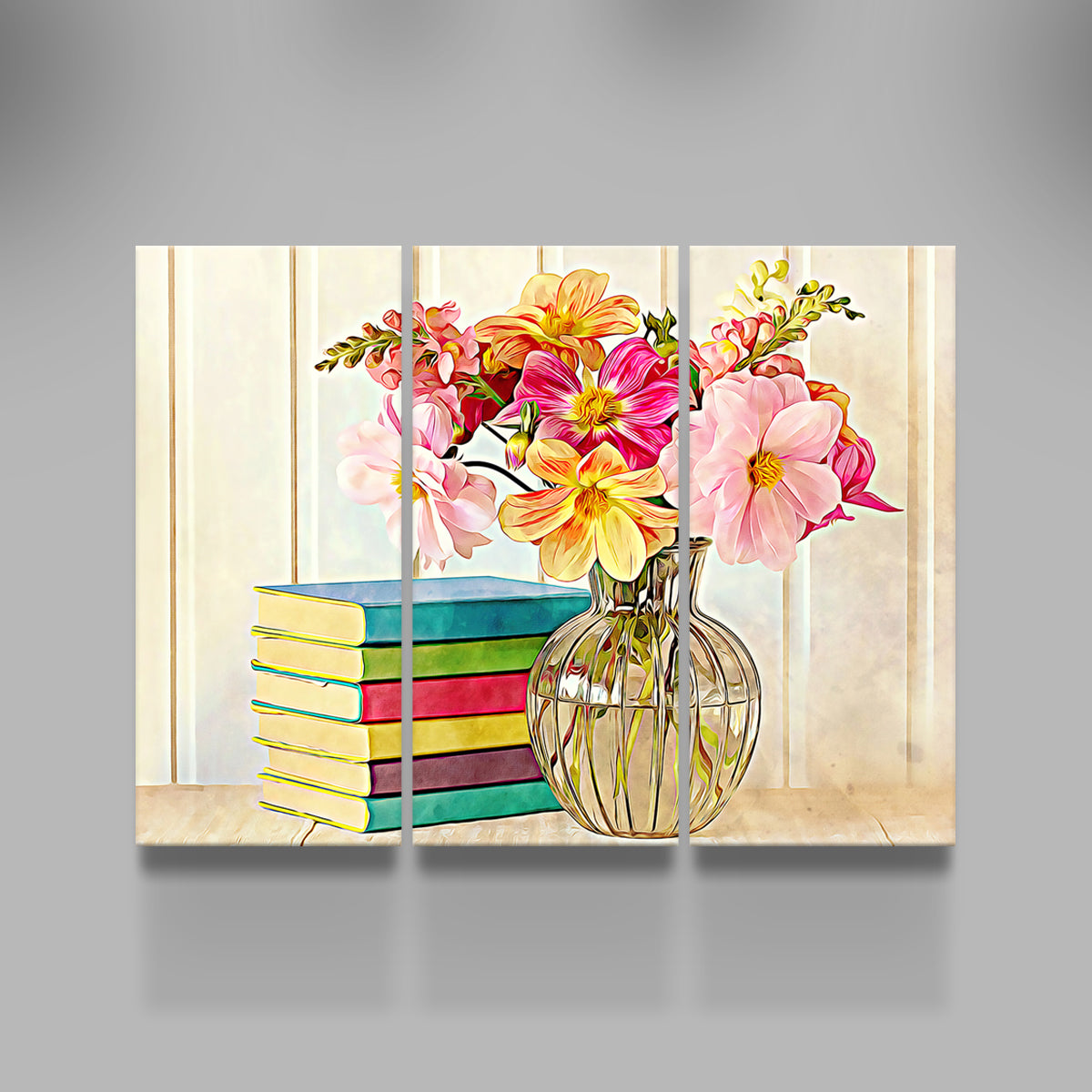 Vibrant Dahlias and Colorful Books Wall Art by Denise Dundon