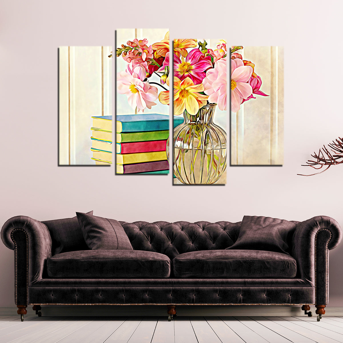Vibrant Dahlias and Colorful Books Wall Art by Denise Dundon
