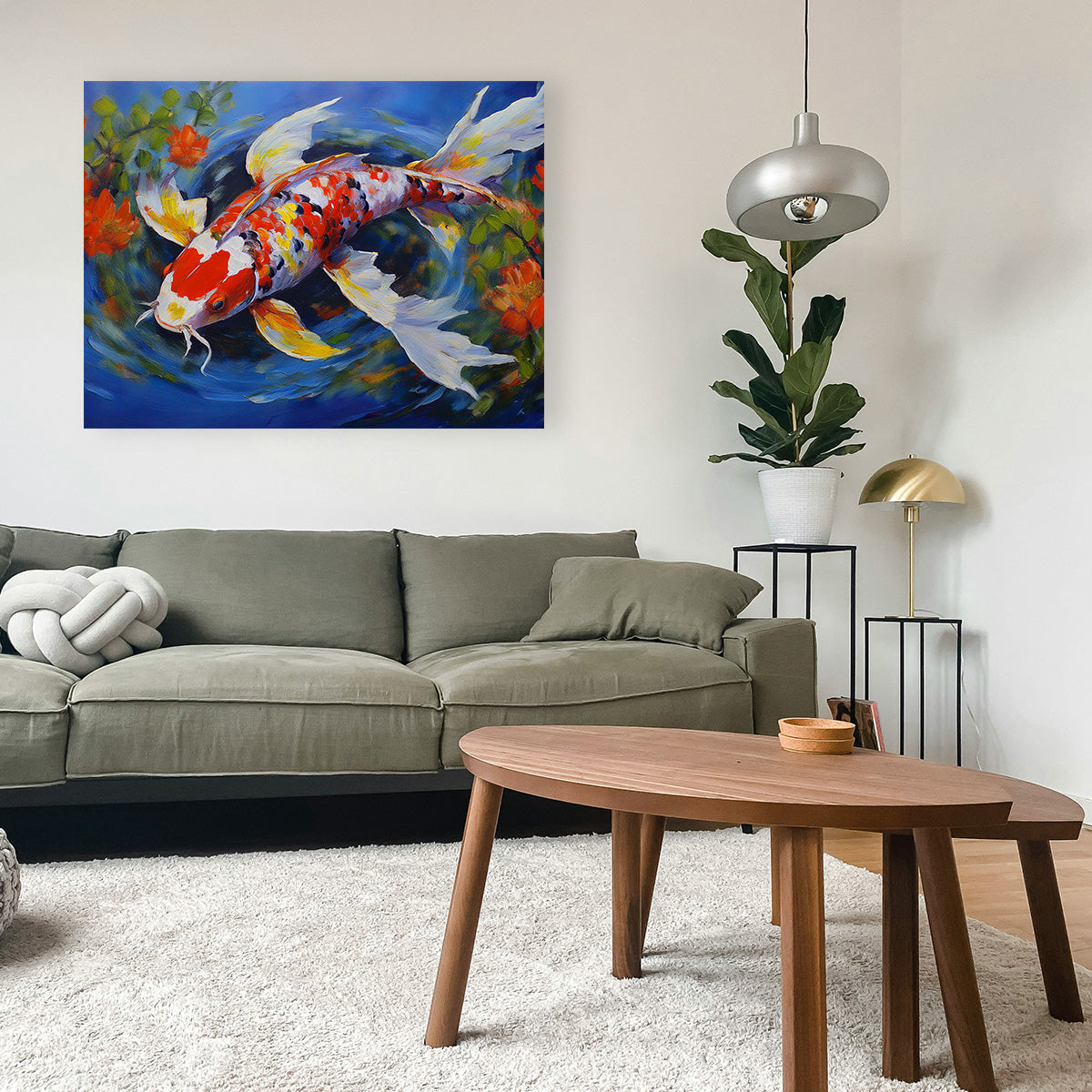 Stunning White Koi Fish Painting Wall Art for Home Decor