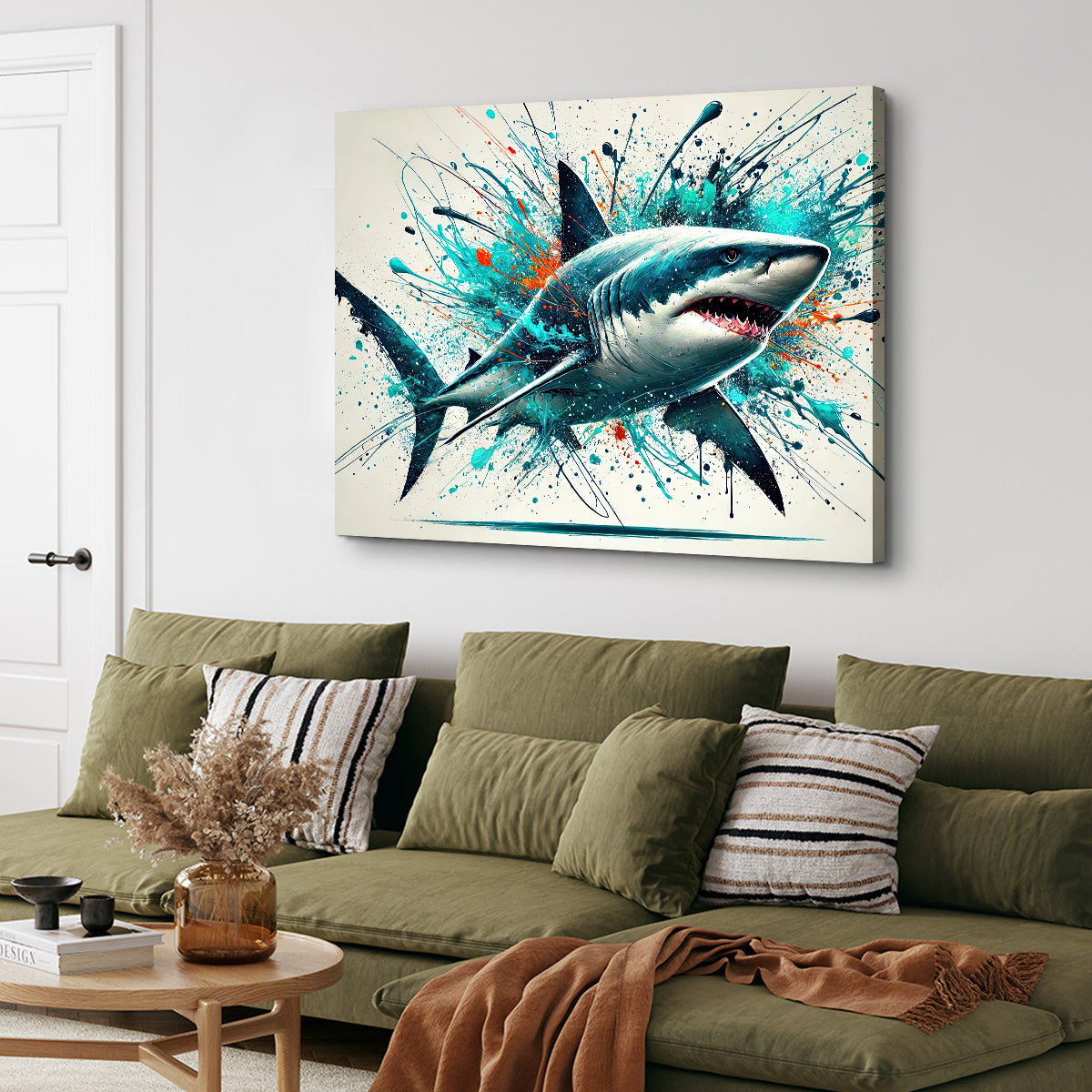Eye - catching Bull Shark Color Spatter Wall Art for Stunning Home Decor