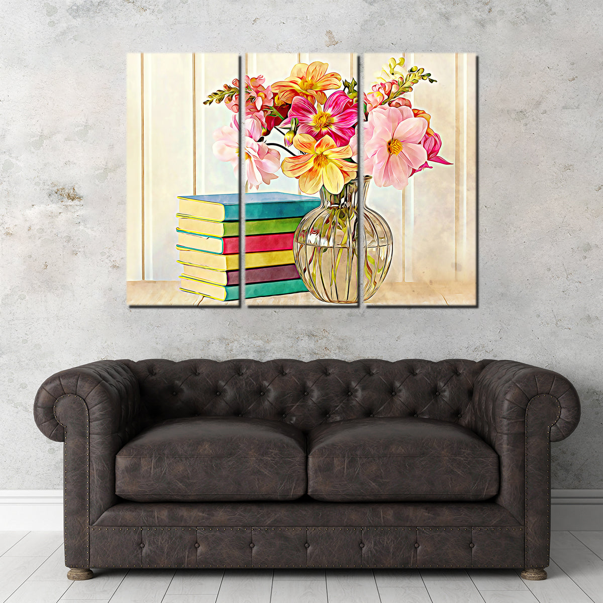 Vibrant Dahlias and Colorful Books Wall Art by Denise Dundon