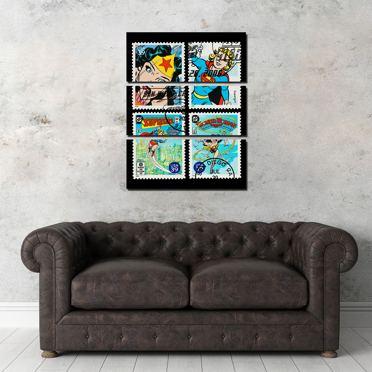 Stunning Wonder Woman and Supergirl Postage Stamps Wall Art for Comic Fans