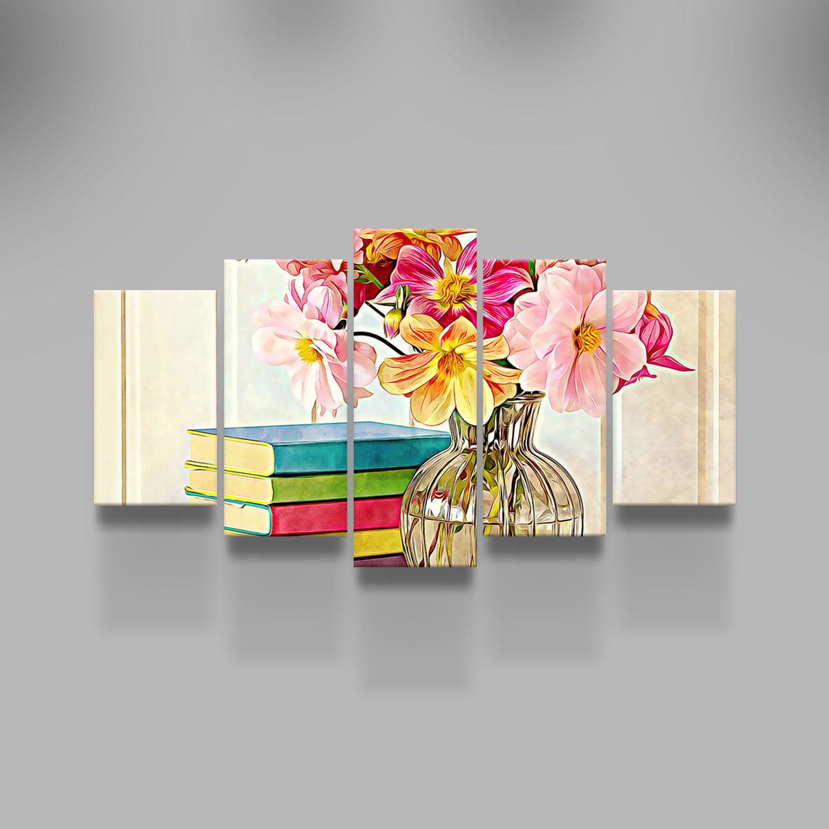 Vibrant Dahlias and Colorful Books Wall Art by Denise Dundon
