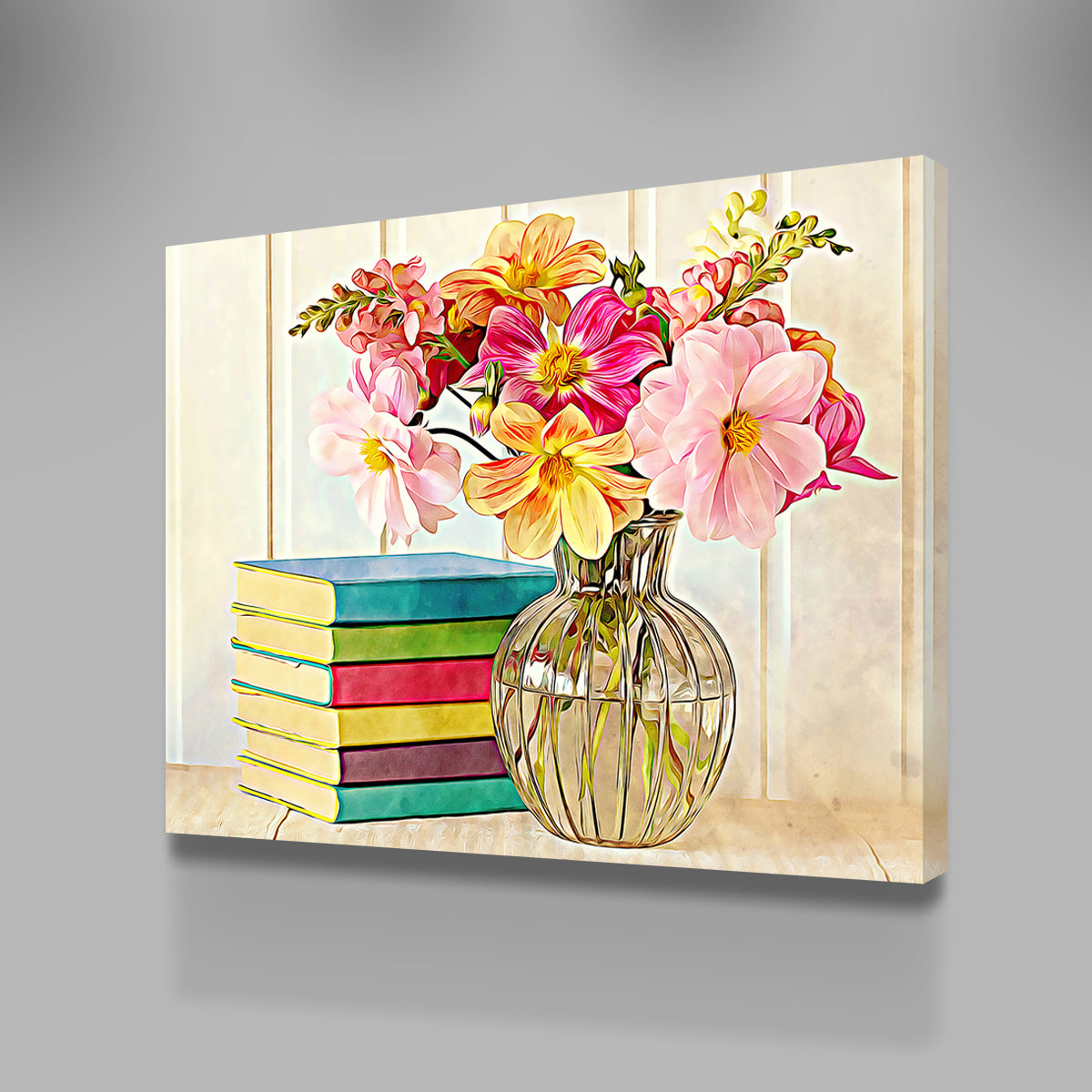 Vibrant Dahlias and Colorful Books Wall Art by Denise Dundon